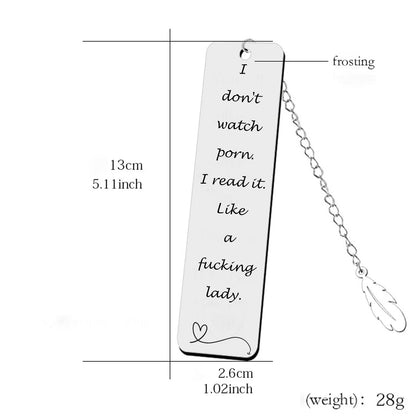 Teniinet Metal Bookmark Gift, 'I Don't Watch Porn. I Read it Like a Fking Lady' Stainless Steel Leaf Pendant Book Mark with Box for Women, Men, Friends, Teacher, Classmate, Book Lovers