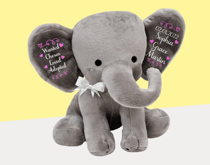 Adoption Gift - Wanted, Chosen, Loved, Adopted - Personalized- Adoption Celebration Plush Elephant Adoption Keepsake - Gotcha Gift