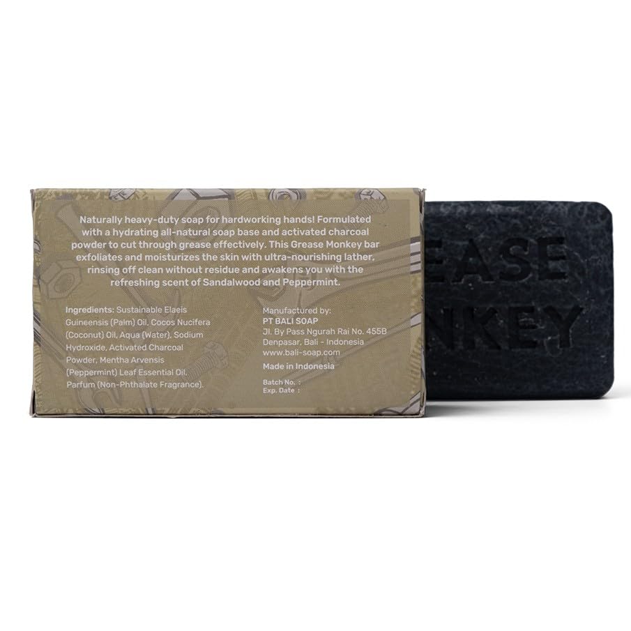 Bali Soap Grease Monkey - Natural Bar Soap for Men, Mechanic Gifts - Activated Charcoal Scrub, Exfoliating, Moisturizing, 1-Pack 7oz