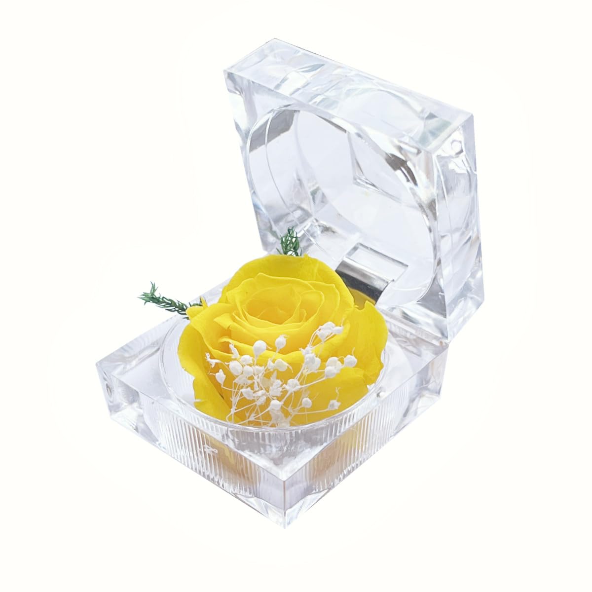 Preserved Rose Real Fresh Rose in Mini Clear Ring Box, Eternal Flower Rose Gifts for Women Mom Girlfriend Grandma, Mothers Day, Anniversary, Valentines, Christmas, Birthday (Yellow)