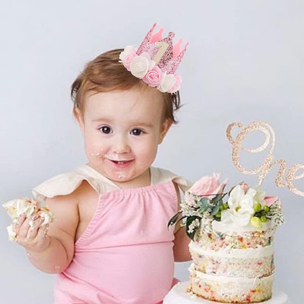 Kbrand Hat First Birthday 1st For Baby Girl Decoration Gifts Rose Gold Baby Pink Party Crown One Year Old Flowers Princess Pink 3inch
