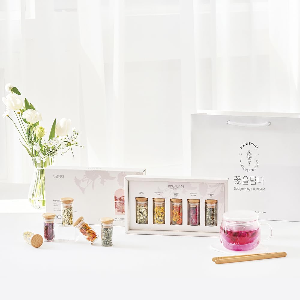 KKOKDAM Lovely Blossom Flower Tea Sampler in Glass Jars - Premium 5 Loose Leaf Herbal Tea Variety Pack, Women & Mom Gift Box