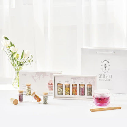 KKOKDAM Lovely Blossom Flower Tea Sampler in Glass Jars - Premium 5 Loose Leaf Herbal Tea Variety Pack, Women & Mom Gift Box