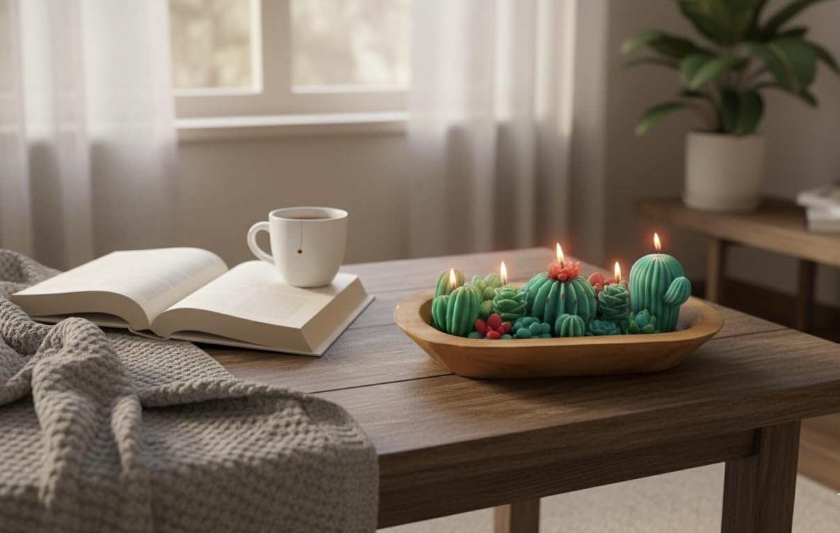 Five-Wick Handmade Scented Succulent & Cactus Candle Dough Bowl – Rustic Soy Wax Centerpiece, Unique Home Décor Gift for Her, Him, Mom, Mother's Day, Housewarming, Birthday, Christmas, Eco Friendly