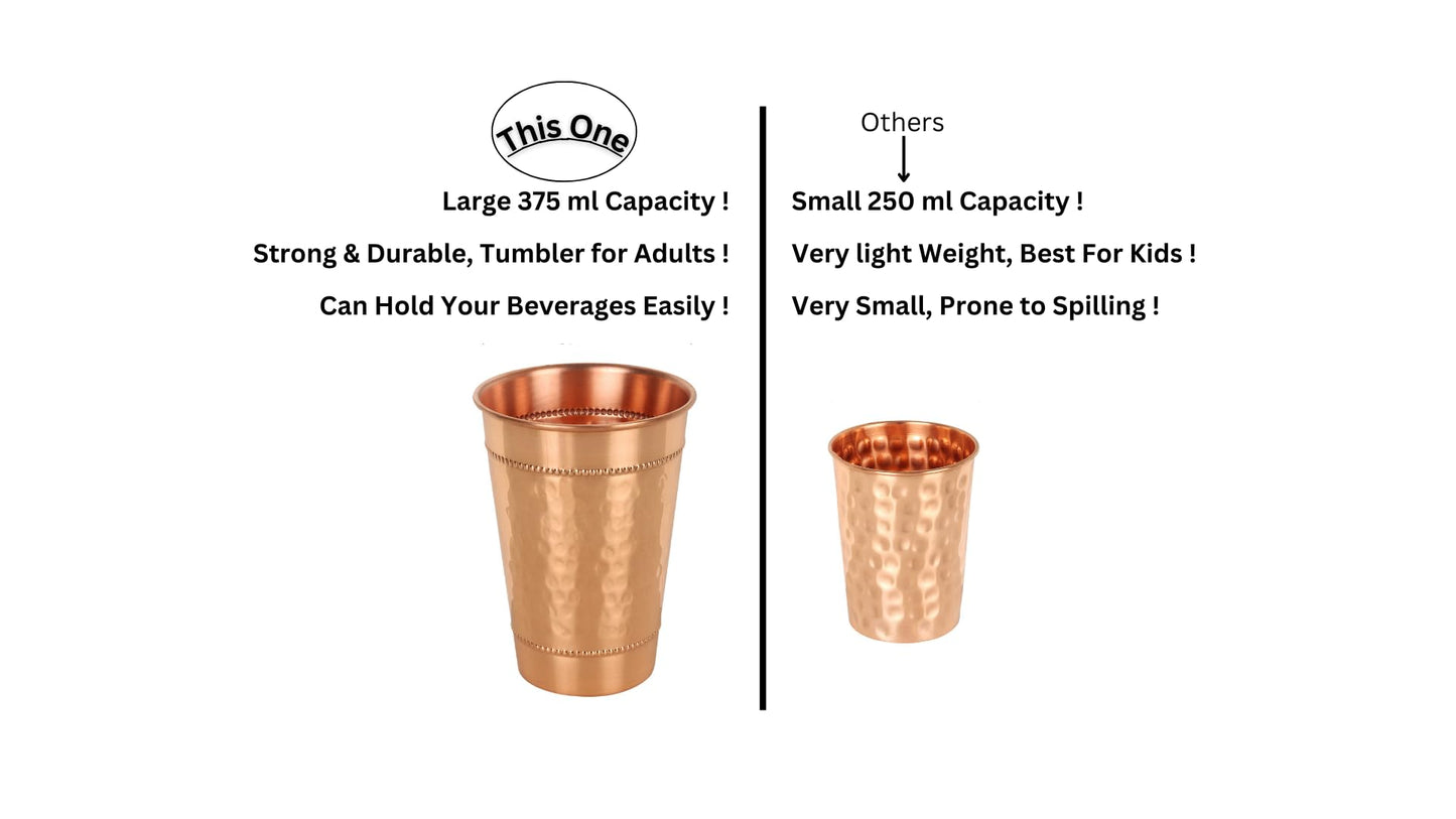 Hammered Pure Copper Water Drinking Glasses Set of 2 Large 13 Oz Drinking Cups Copper Ayurvedic Health Benefits Tumblers Beautiful Handcrafted Design Cup Best Gift