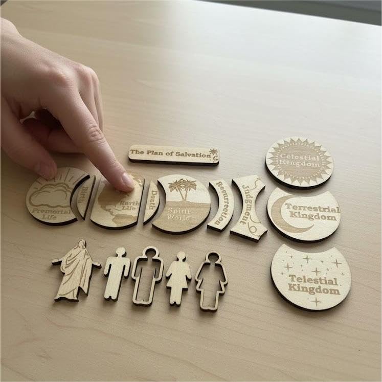 The Plan of Salvation Wooden Teaching Kit for LDS – Wooden Discs with Figures & Storage Box, CTR “Choose the Right” Missionary Gift, Baptism Gift, Family Home Evening & Classroom Tool