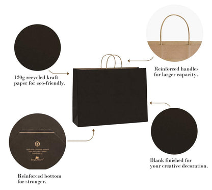 BagDream 100Pcs 16x6x12 Inches Kraft Paper Bags with Handles Bulk, Large Shopping Bags for Gifts, Grocery, Merchandise, Party Favor, Take-out, Recycled Black Black Paper Sacks
