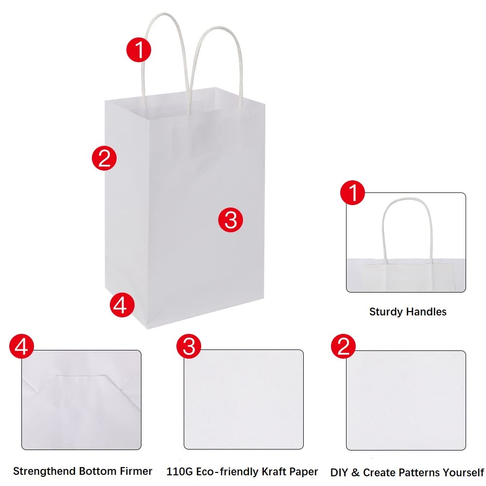 Oikss 100 Pack 5.25x3.25x8.25 Inch Small White Kraft Paper Bags with Handles Bulk for Birthday Wedding Party Favors Grocery Retail Shopping Business Goody Craft Gift Bags Cub Sacks (100pcs Count)