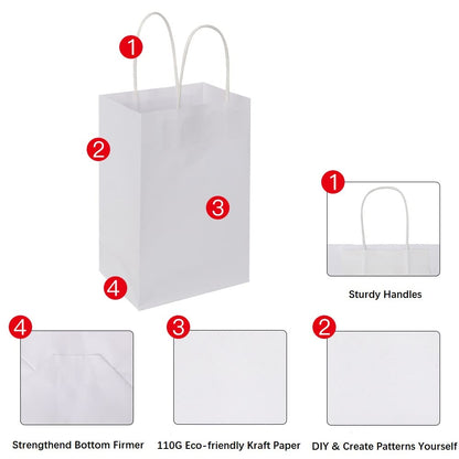 Oikss 100 Pack 5.25x3.25x8.25 Inch Small White Kraft Paper Bags with Handles Bulk for Birthday Wedding Party Favors Grocery Retail Shopping Business Goody Craft Gift Bags Cub Sacks (100pcs Count)