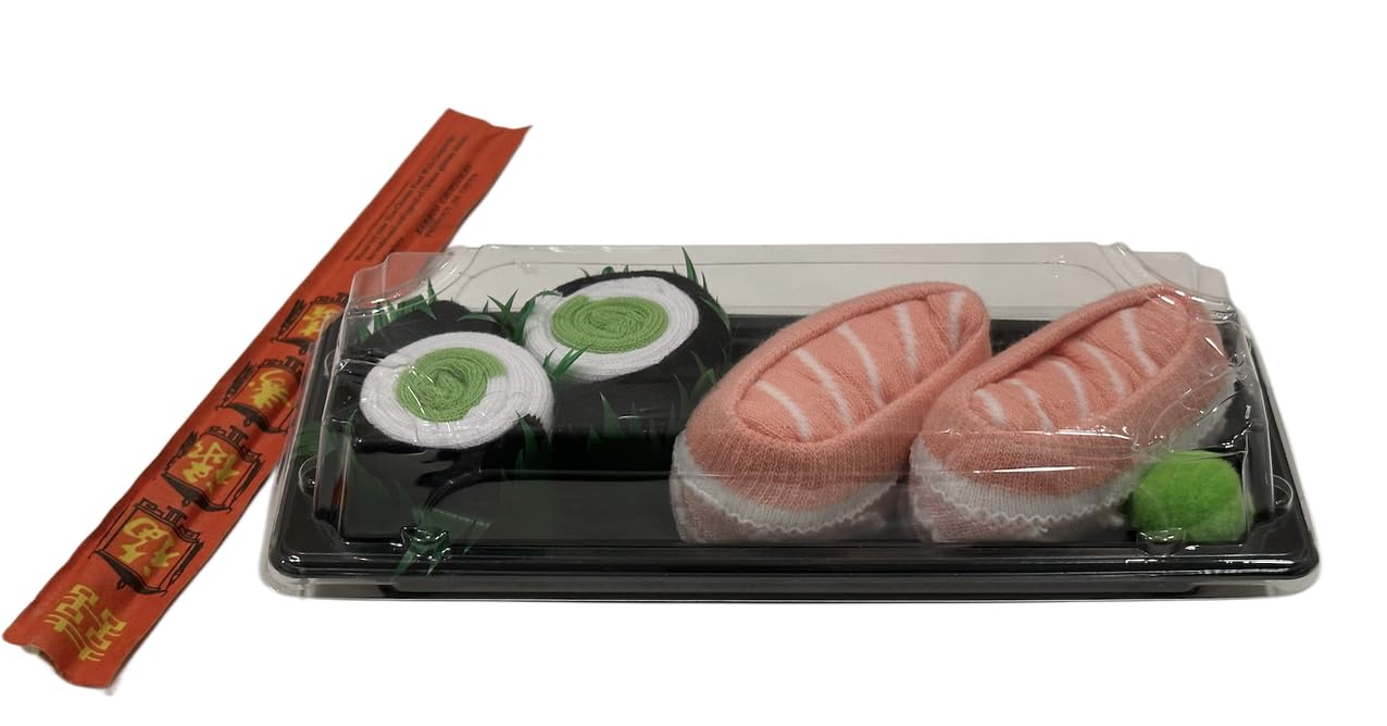Sushi Socks Box: 2 pairs featuring Salmon Nigiri and Cucumber Maki designs. So cute and comfy! Stretchy, and unisex.