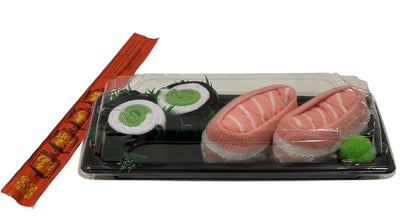 Sushi Socks Box: 2 pairs featuring Salmon Nigiri and Cucumber Maki designs. So cute and comfy! Stretchy, and unisex.