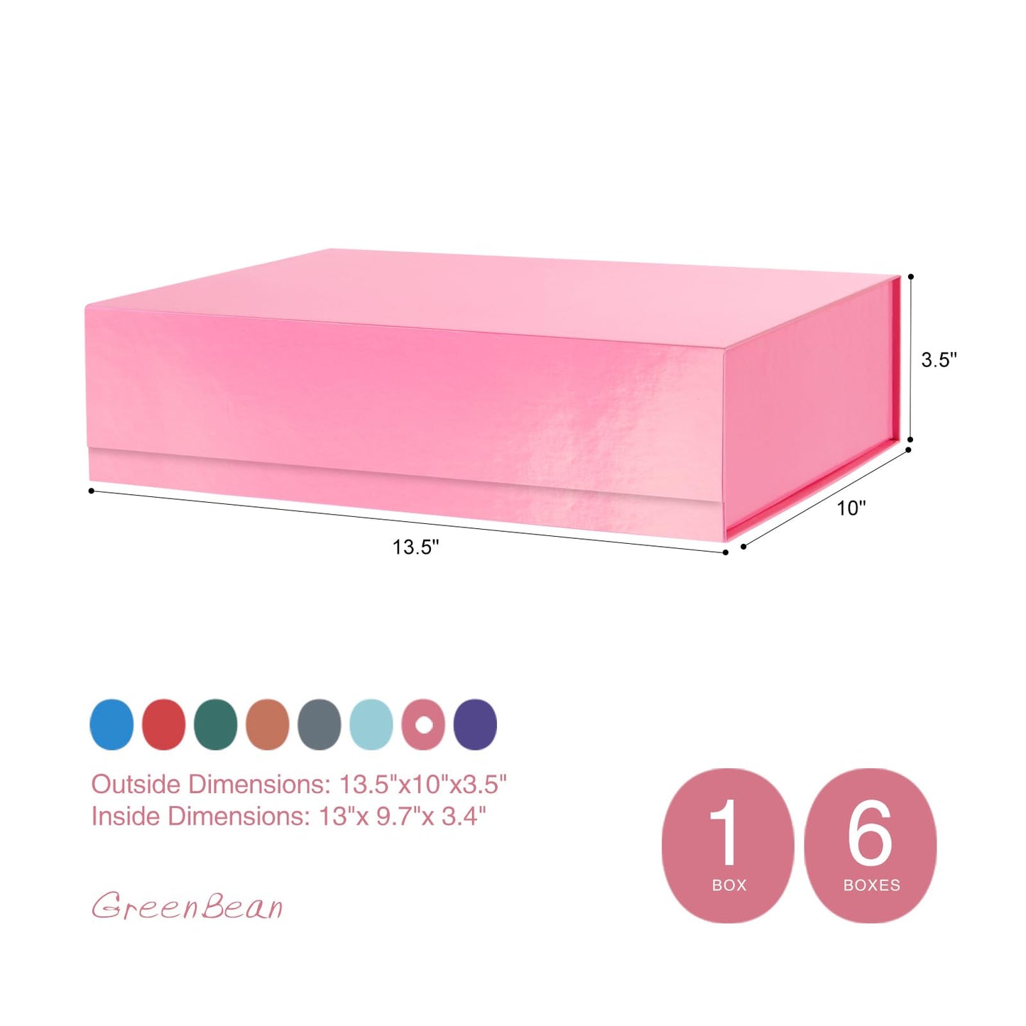 GREEN BEAN Gift Box 13x9.7x3.4 Inches, Large Pink Gift Box with Lid for Presents, Magnetic Gifts Box for Clothes, Shirt, Christmas (Glossy Metallic Pink, Dot Design Inside)