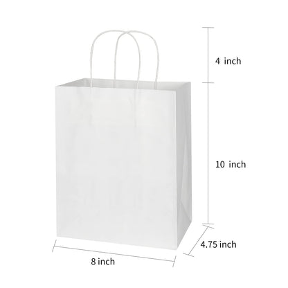 Toovip 100 Pack 8x4.75x10 Inch Medium White Kraft Paper Bags with Handles Bulk, Gift Wrap Bags for Favors Grocery Retail Party Birthday Shopping Business Goody Craft Merchandise Take Out Sacks