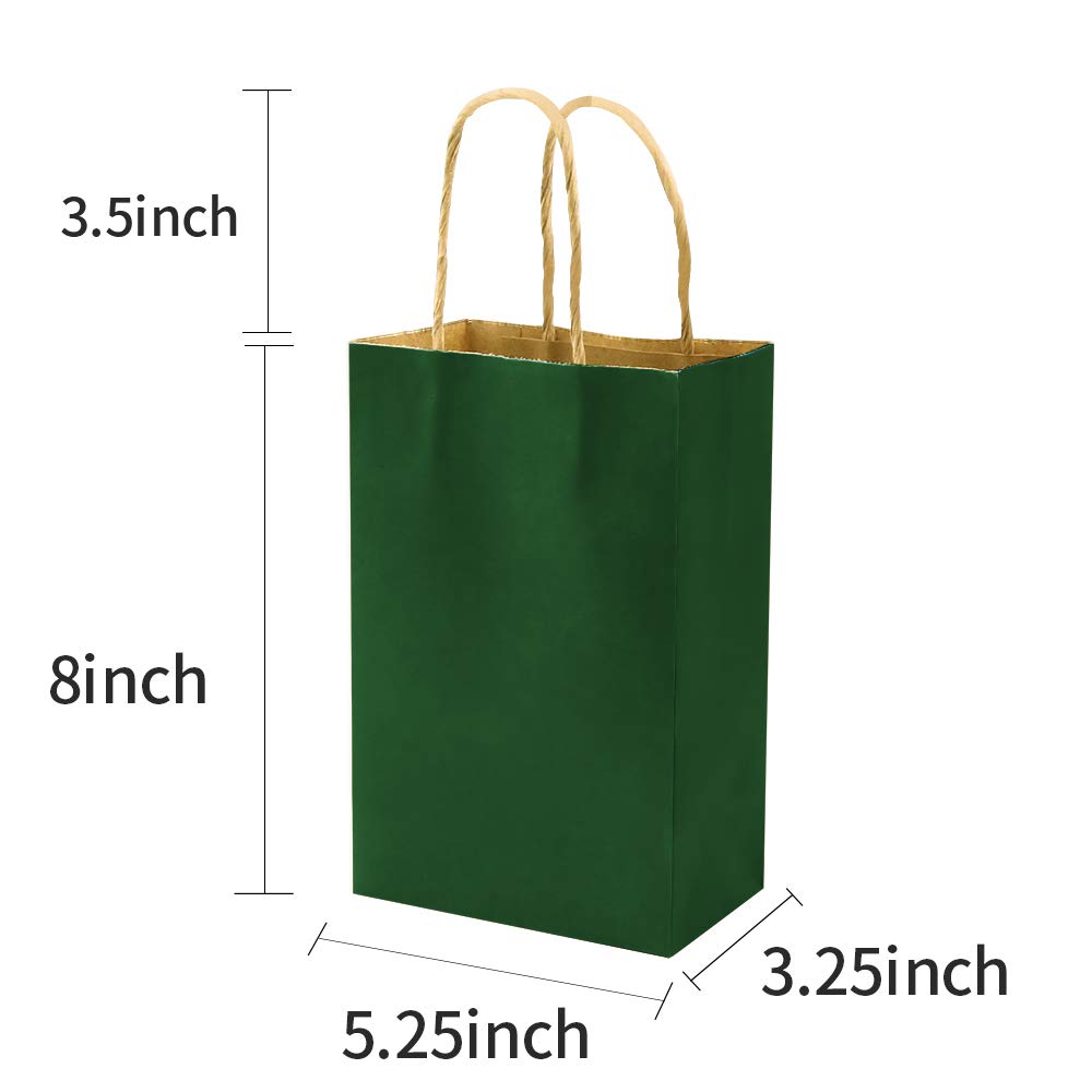 bagmad 100 Pack 5.25x3.25x8 inch Small Green Kraft Paper Bags with Handles Bulk, Gift Bags, Craft Grocery Shopping Retail Party Favors Wedding Business Sacks (Dark Green, 100pcs)