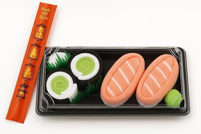 Sushi Socks Box: 2 pairs featuring Salmon Nigiri and Cucumber Maki designs. So cute and comfy! Stretchy, and unisex.