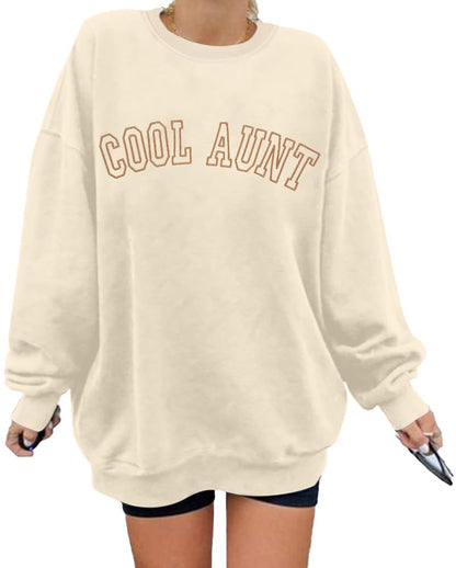 Women Cool Aunts Sweatshirt Auntie Letter Print Oversized Pullover Tops Embroidered Long Sleeve Lightweight Shirt