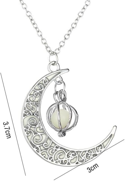 Glow in The Dark Silver Crescent Moon and Orb Necklace - Glowing Blue Moon Charm - Magical Fantasy Fairy Glowing Necklace - Glow Jewelry (sky blue)