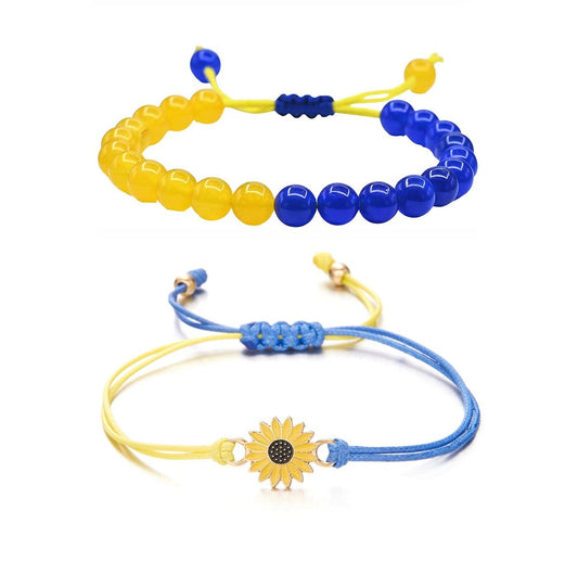 Pingyongchang Ukraine Flag Bracelet with Natural Crystal Bracelet Adjustable Bangles Set Ukrainian Yellow Blue Bracelet Hand Braided Bracelet for Men Women Kids Unisex