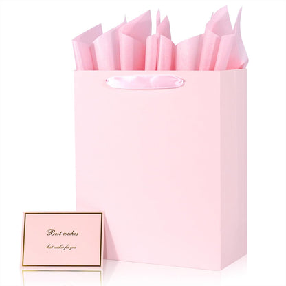 Elegant Pink Gift Bag 10.2"x4.7"x12.2" with Ribbon Handles, Includes Card and Tissue Papers, Perfect for Birthdays, Weddings, Parties, Holidays, Baby Shower