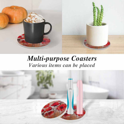 oFloral Red Poppy Flower Coasters for Drinks Art Oil Painting Cups Place Mats for Home Decor Set of 2, 4 Inch