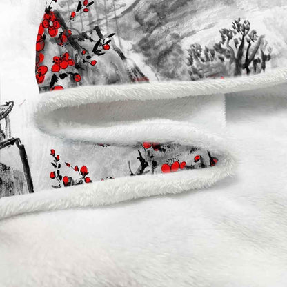 Japanese Blanket, Japanese Cherry Blossom Anime Blanket, Asian Ink Painting Asian Blankets, Red Plum Blossom & Mountain Landscape Soft Cozy Blankets for Couch, Bed, Office, Home Decor, 50X60 inch
