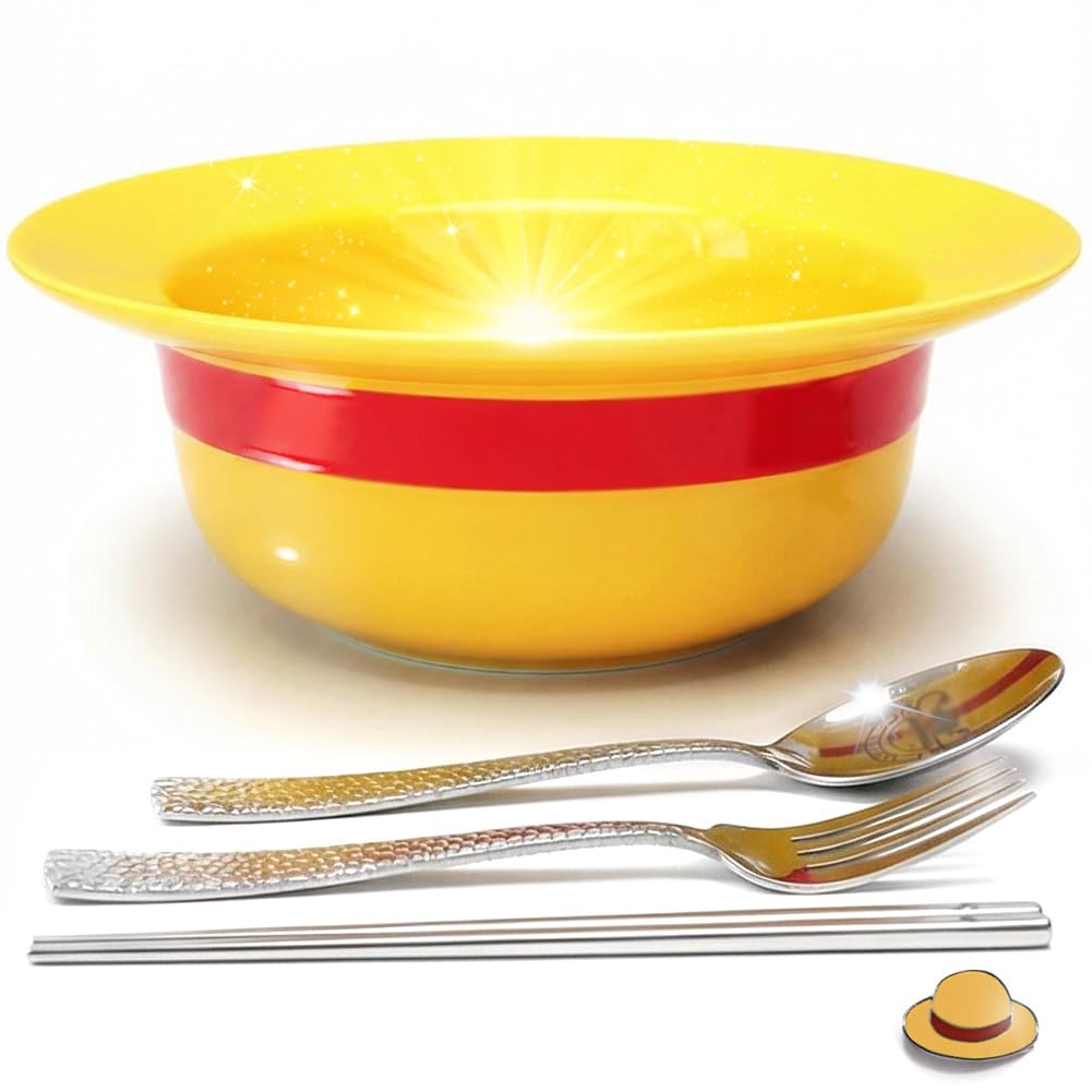 5-in-1 Gift Set - 7.5" Straw Hat Shaped Ceramic Bowl with Stainless Steel Utensils - Novelty Ramen Bowl for Noodles, Salad, Cereal - Unique Japanese Style Kitchen Decor Gift for Anime Lovers