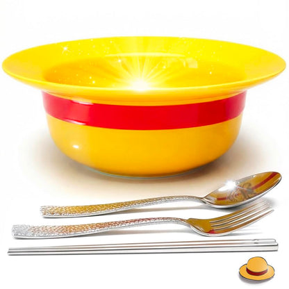 5-in-1 Gift Set - 7.5" Straw Hat Shaped Ceramic Bowl with Stainless Steel Utensils - Novelty Ramen Bowl for Noodles, Salad, Cereal - Unique Japanese Style Kitchen Decor Gift for Anime Lovers