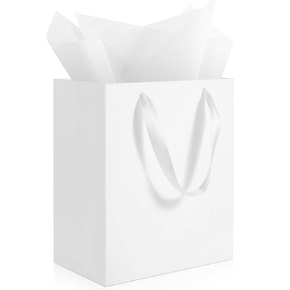 Ethhqu 4 Pack Medium White Gift Bags with Handles, 8x5x10 Inches - Includes 4 Tissue Papers for Birthday Party, Baby Shower, Wedding, Business, Thanksgiving, Christmas (White Medium-4 Pcs)