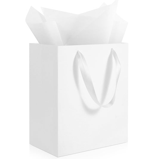 Ethhqu 4 Pack Medium White Gift Bags with Handles, 8x5x10 Inches - Includes 4 Tissue Papers for Birthday Party, Baby Shower, Wedding, Business, Thanksgiving, Christmas (White Medium-4 Pcs)