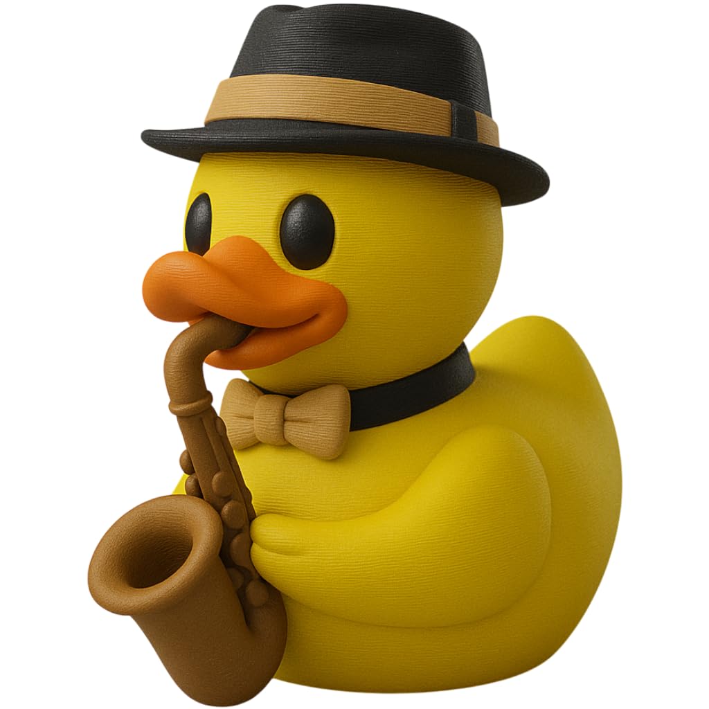 Saxophone Duck Collectible Figurine - Vibrant Jazz Music Decor with Bowtie and Hat - Unique Desk Accent Gift - 3D Printed in Canada