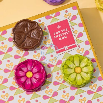 Chocolate Card Gift Box, 6 Individually Wrapped Chocolate Flowers, Food Sweets Candy Gift Greeting, Holiday Present for Mom, Her, Mother, Women, Adults- Bonnie and Pop