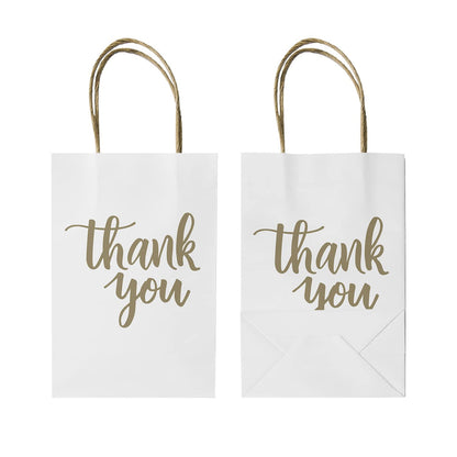 DjinnGlory 100 Pack Small Sized White Thank You Paper Kraft Gift Bags with Handles 9x5.5x3.15 Inch for Business Graduation Birthday Wedding Bridal Baby Shower Party Favors Goodies