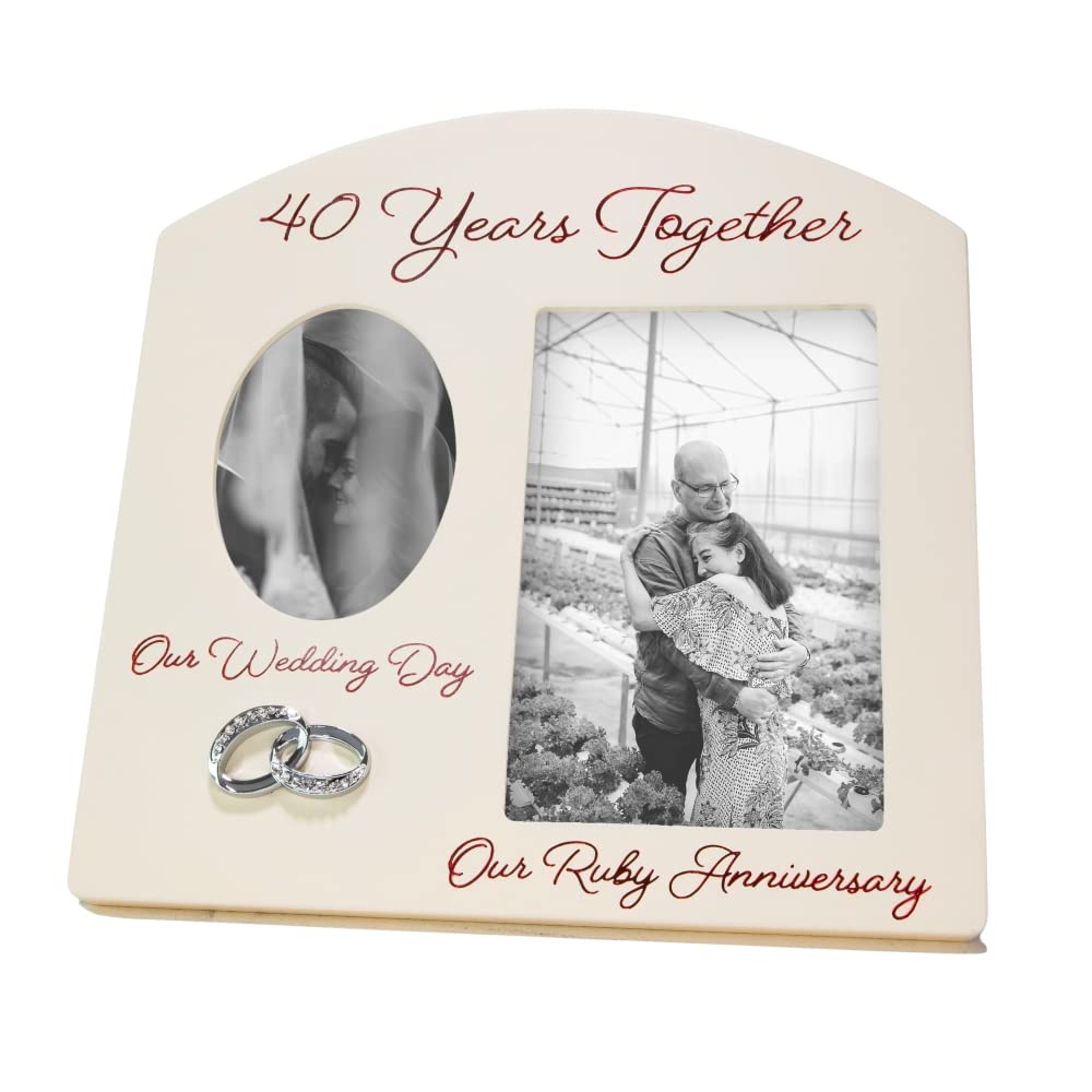 Haysom Interiors Contemporary 40 Years Together Then and Now Ruby Anniversary Light Beige Frame with Double Silver Rings | Beautiful 40th Anniversary Picture Frame by Happy Homewares