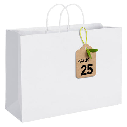 MESHA Gift Paper Bags White X-Large 16x6x12 25 Pack,Kraft Gift Bags with Handles for Shopping Birthday Party Favor Grocery Retail Merchandise Wedding Sacks