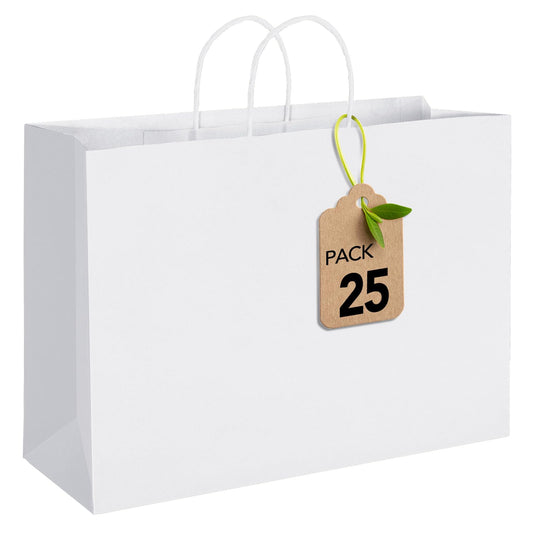 MESHA Gift Paper Bags White X-Large 16x6x12 25 Pack,Kraft Gift Bags with Handles for Shopping Birthday Party Favor Grocery Retail Merchandise Wedding Sacks