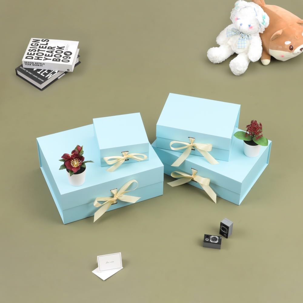 Skivra Blue Gift Box with Ribbon - 1 Pack, 6x6x3 Inch Small Collapsible Luxury Box with Lid, Magnetic Closure, Rectangle, Wedding Gifts, Shredded Paper Filler & Card