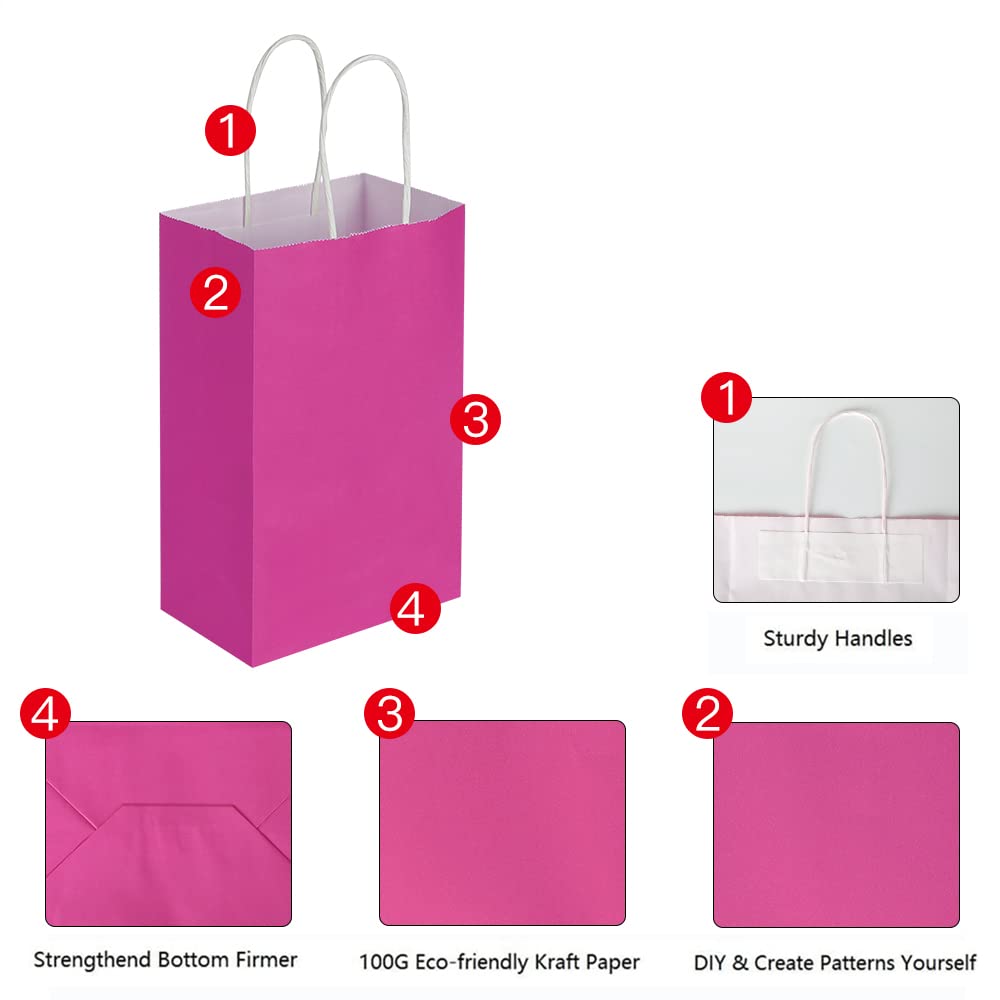 Oikss 100 Pack 5.25x3.25x8.25 Inch Small Hot Pink Kraft Paper Bags with Handles Bulk for Birthday Wedding Party Favors Grocery Retail Shopping Business Goody Craft Gift Bags Sacks (Fuchsia 100 Count)