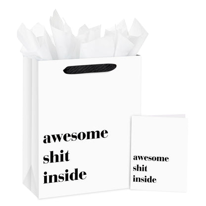 Loveinside 13" Large Funny Gift Bag, Minimalist White Awesome Sh*t Inside Bold Design with Tissue Paper & Card, Adult Humor Gift Bag for Friends, Coworkers, Birthday, Party, 10" x 5" x 13", 1 Pcs