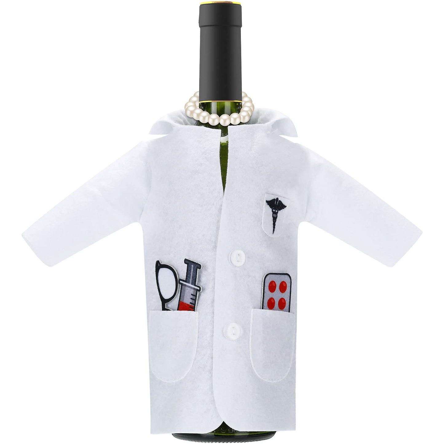 White Coat Wine Bag Doctor Wine Cover Felt Doctor Wines Insulated Cover Nurse Wines Wrapping Bag with Syringe Necklace for Ceremony Gifts Male Female Graduation Birthday Anniversary Nurse Practitioner