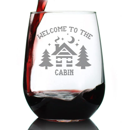 Bevvee Welcome To The Cabin - Stemless Wine Glass - Rustic Themed Gifts and Cabin Decor - Large 17 Ounce