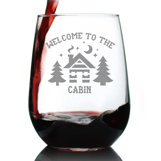 Bevvee Welcome To The Cabin - Stemless Wine Glass - Rustic Themed Gifts and Cabin Decor - Large 17 Ounce