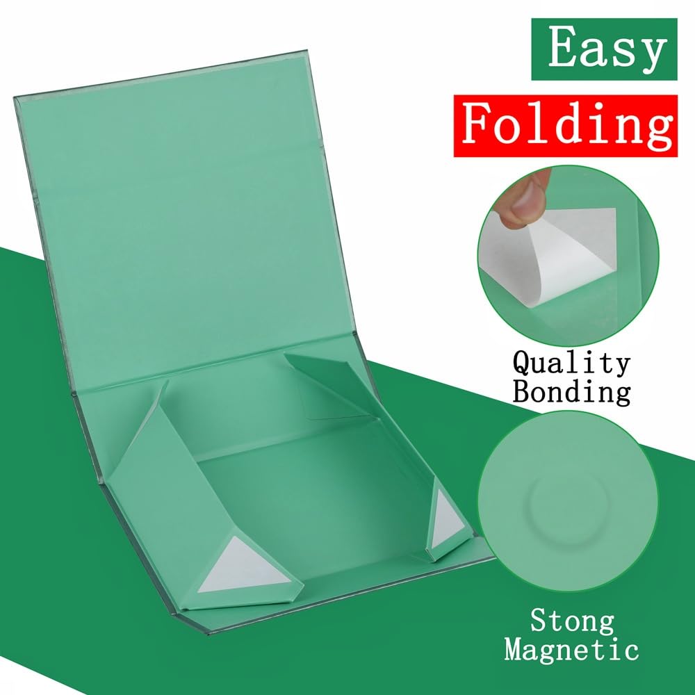 UoeRing 1 Pcs Green Gift Box 9.5x6x3 inch Small Luxury Gift Box for Presents with Magnetic Lid Collapsible,Birthday,Christmas,Contains Card, Ribbon, Tissue Paper,Shredded Paper Fille