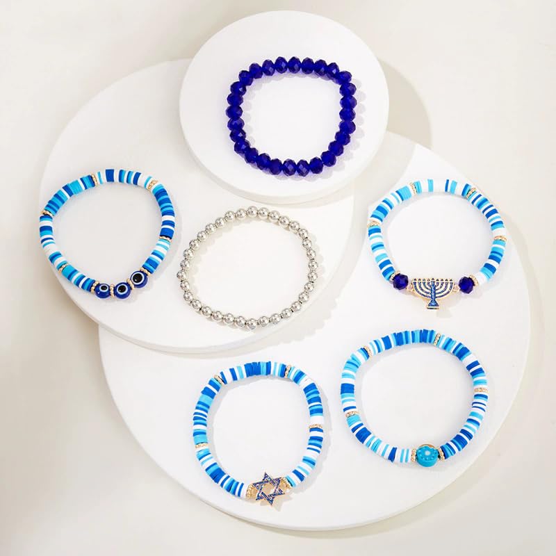 Hanukkah Bracelets Menorah Dove Star of David Evil Eye Clay Beaded Stretch Bracelets Layering Blue White Heishi Beaded Friendship Stackable Bangles for Women Men Jewish Hanukkah Holiday Jewelry
