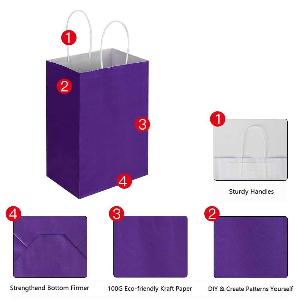 Oikss 50 Pack 5.25x3.25x8.25 Inch Small Purple Kraft Paper Bags with Handles Bulk for Birthday Wedding Party Favors Grocery Retail Shopping Business Goody Craft Gift Bags Cub Sacks, 50 Count