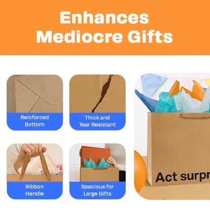 MilkToast Brands Funny Gift Bag, 16" x 6" x 12" Size, “Act Surprised”, Large Kraft Paper Bag with Sarcastic Phrases, Funny Gift Bag for Mother's Day, Father's Day, Birthdays, Graduation