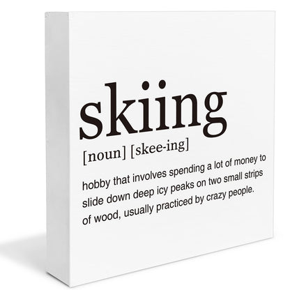 Dumyum Skier Gift Skiing Definition Wooden Box Sign Ski Quotes Desk Decorative Wooden Sign Home Decor for Desk Table Shelf (5 x 5 Inches), Medium