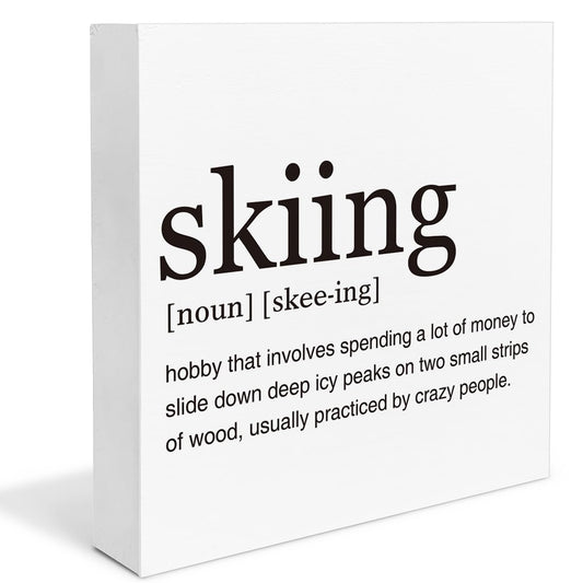Dumyum Skier Gift Skiing Definition Wooden Box Sign Ski Quotes Desk Decorative Wooden Sign Home Decor for Desk Table Shelf (5 x 5 Inches), Medium