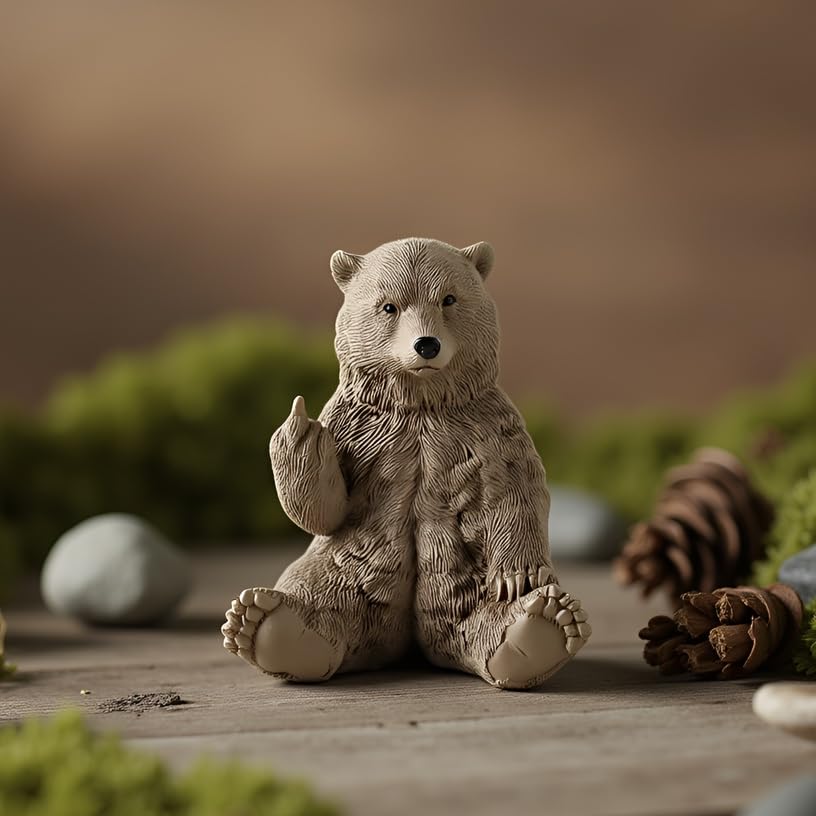 JFSM INC. Holiday Stocking Stuffer, Brown Bear Raising Middle Finger Figurine Funny Hilarious Decor - Gifts, Cabin Themed