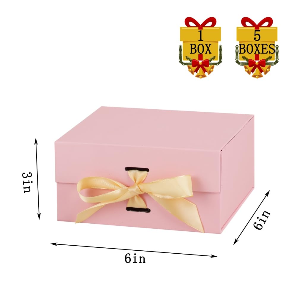 BoxSkivra Pink Gift Box with Ribbon 1 Pack 6X6X3 Inch Small Gift Box with Lid Magnetic Closure Rectangle Collapsible Luxury Gift Boxes for Mother's Day、Birthdays、Shredded Paper Filler & Card