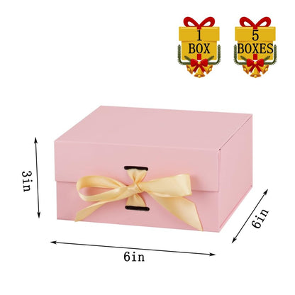 BoxSkivra Pink Gift Box with Ribbon 1 Pack 6X6X3 Inch Small Gift Box with Lid Magnetic Closure Rectangle Collapsible Luxury Gift Boxes for Mother's Day、Birthdays、Shredded Paper Filler & Card